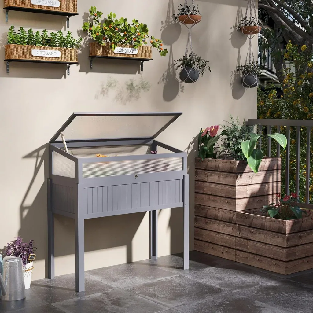 2-in-1 greenhouse and raised bed - Polycarbonate casing - Grey - 120 x 54 x 112/122 cm
