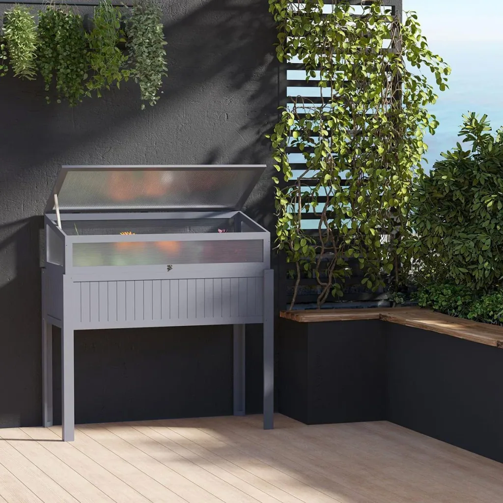 2-in-1 greenhouse and raised bed - Polycarbonate casing - Grey - 120 x 54 x 112/122 cm
