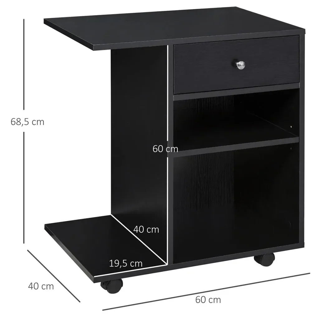 Printer table, printer stand, office cart, rolling cart with drawer + 2 shelves + CPU stand, chipboard, black, 60 x 40 x 68