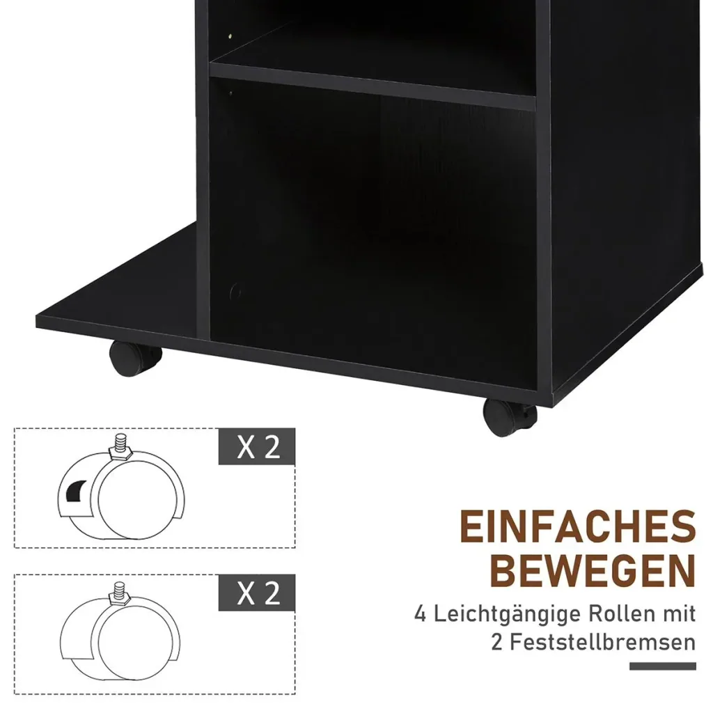 Printer table, printer stand, office cart, rolling cart with drawer + 2 shelves + CPU stand, chipboard, black, 60 x 40 x 68