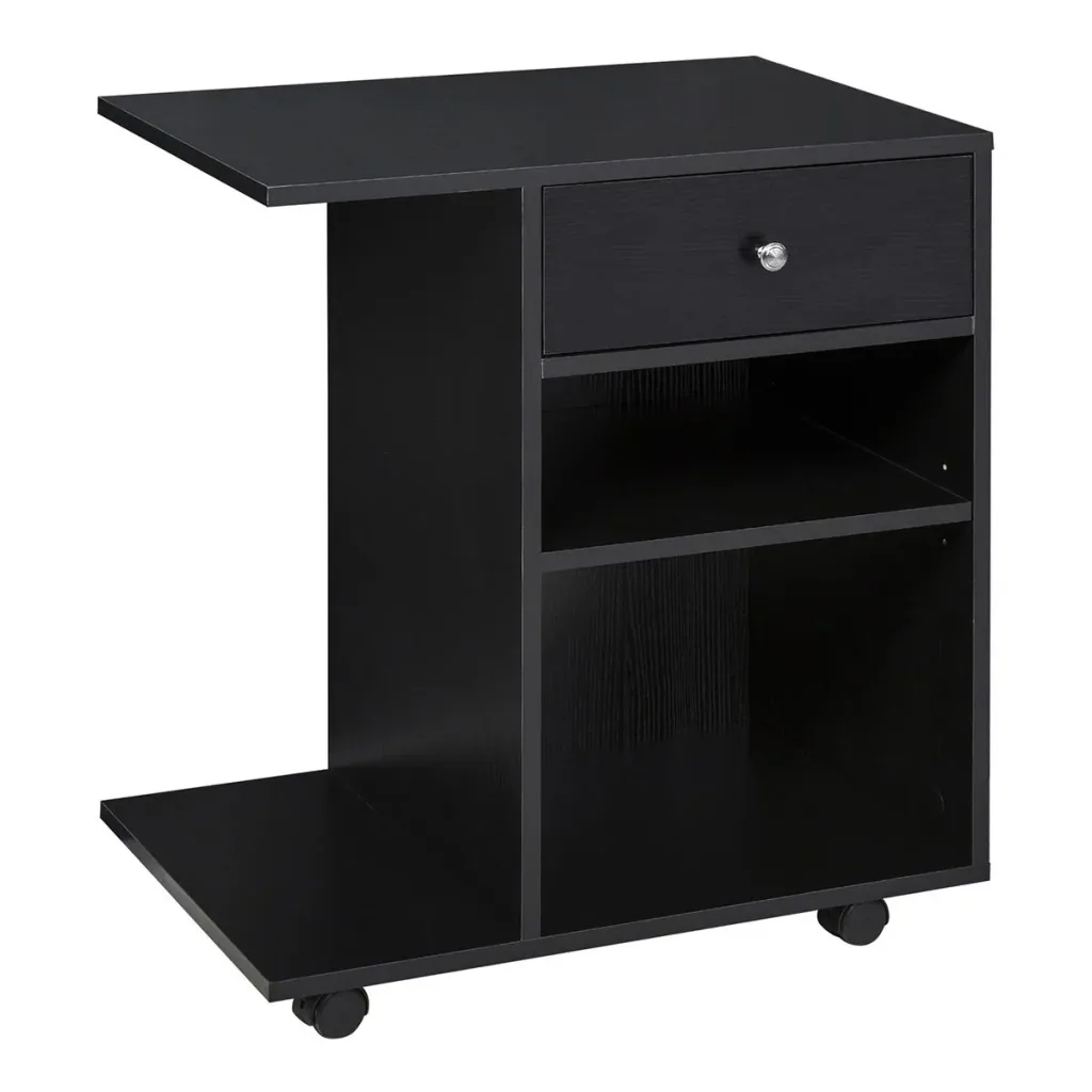Printer table, printer stand, office cart, rolling cart with drawer + 2 shelves + CPU stand, chipboard, black, 60 x 40 x 68