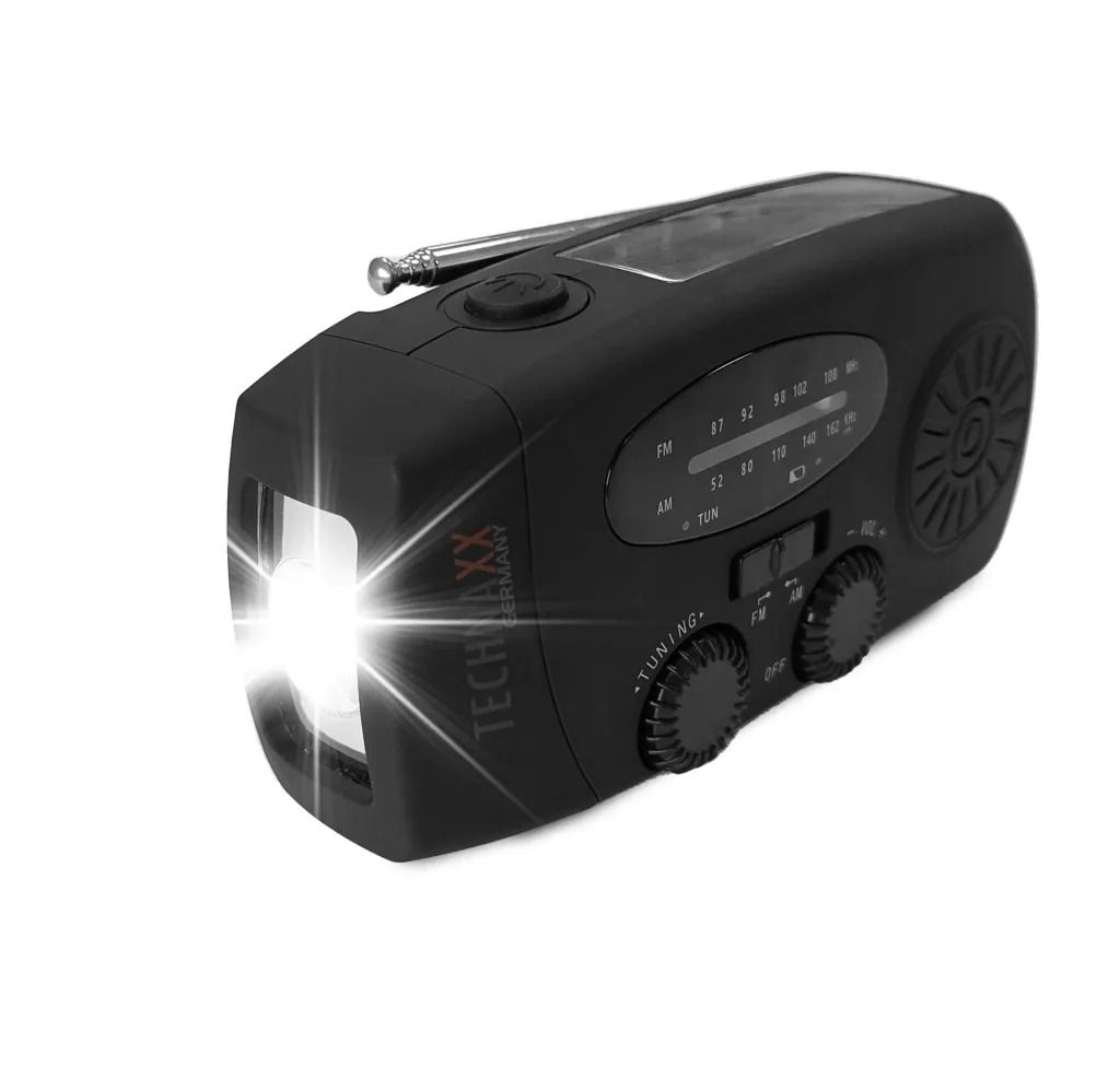 Solar crank radio with flashlight