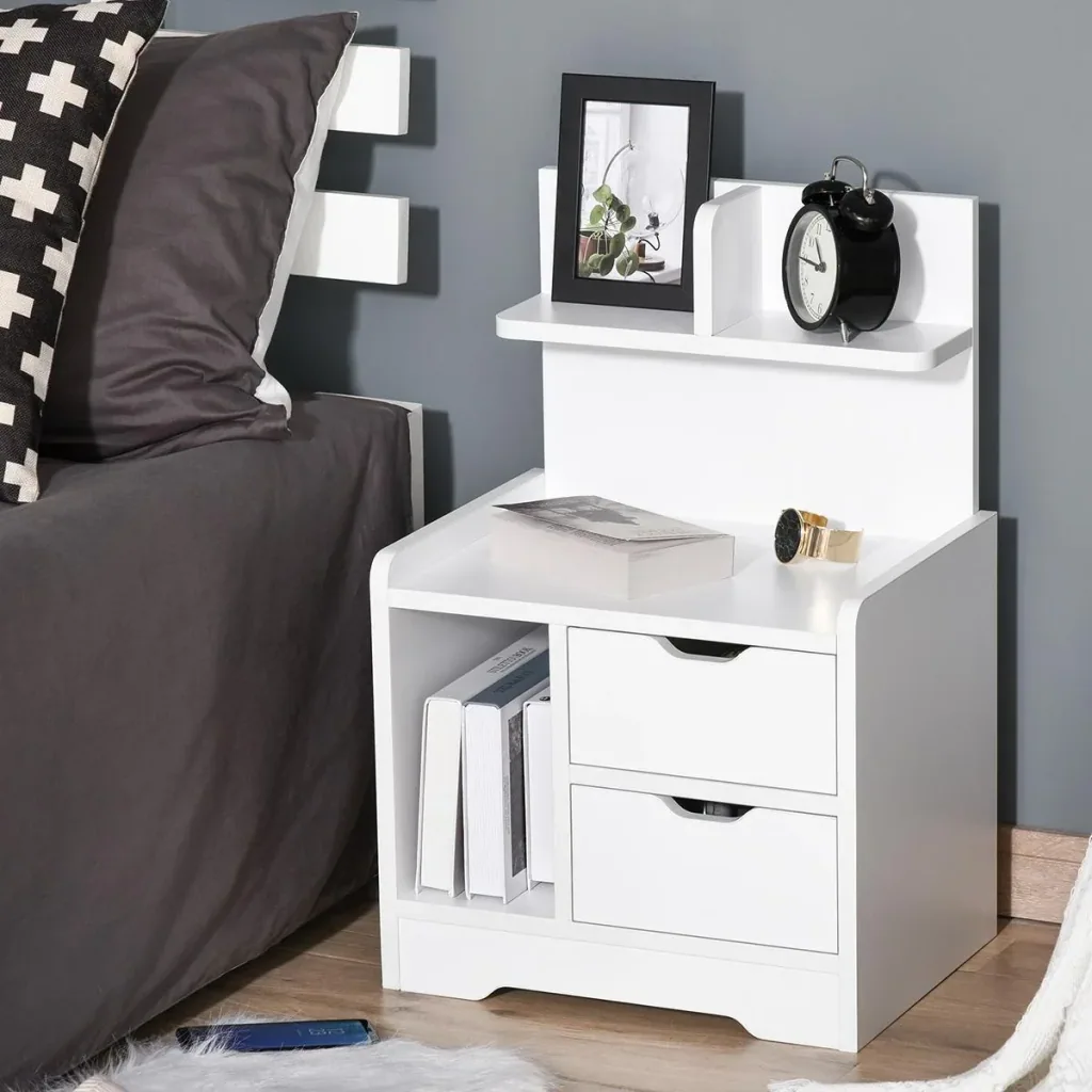 Bedside table with 2 drawers, modern bedside table with open shelf, white, 40 x 30 x 60 cm