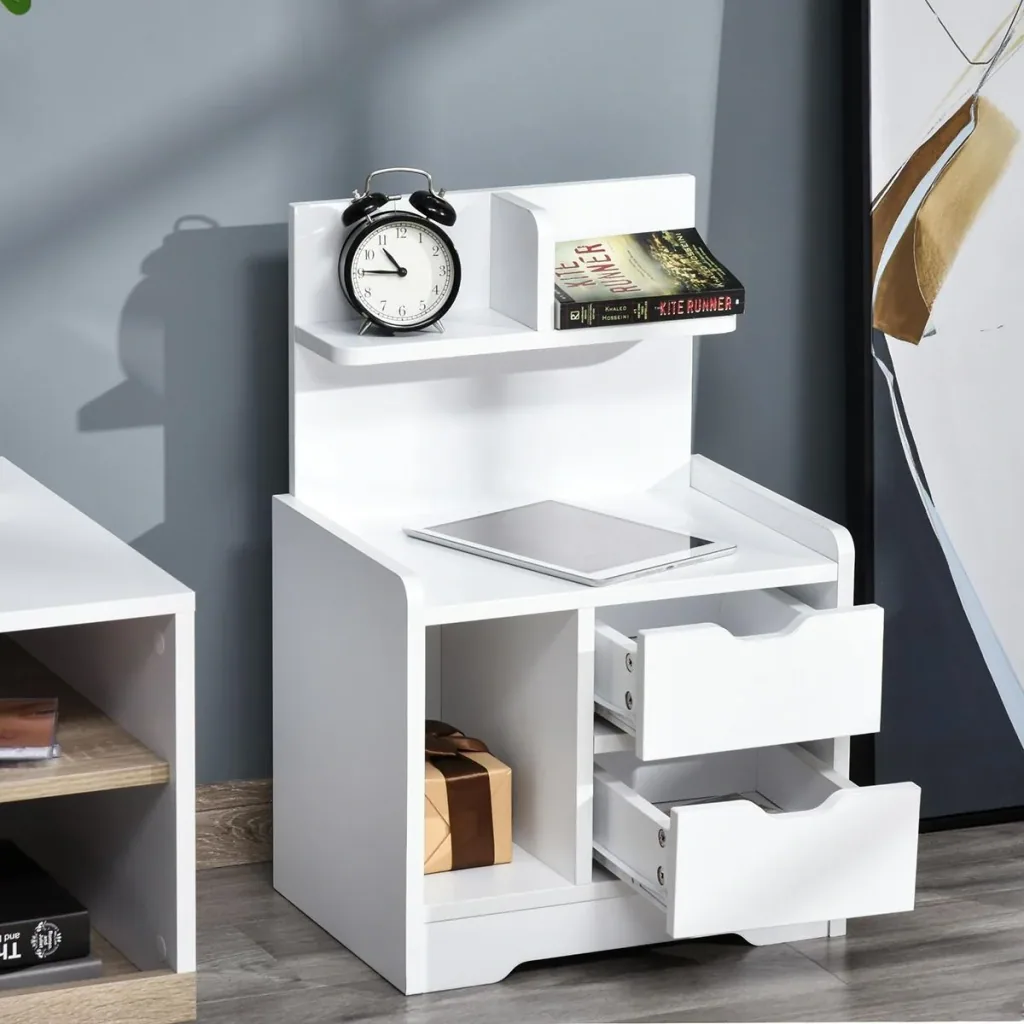 Bedside table with 2 drawers, modern bedside table with open shelf, white, 40 x 30 x 60 cm