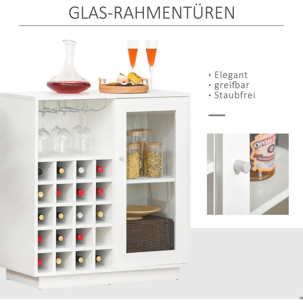 Wine cabinet with glass display case and wine glass holder white
