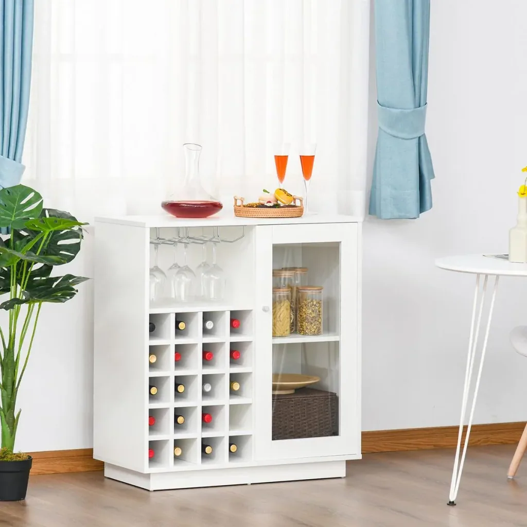 Wine cabinet with glass display case and wine glass holder white