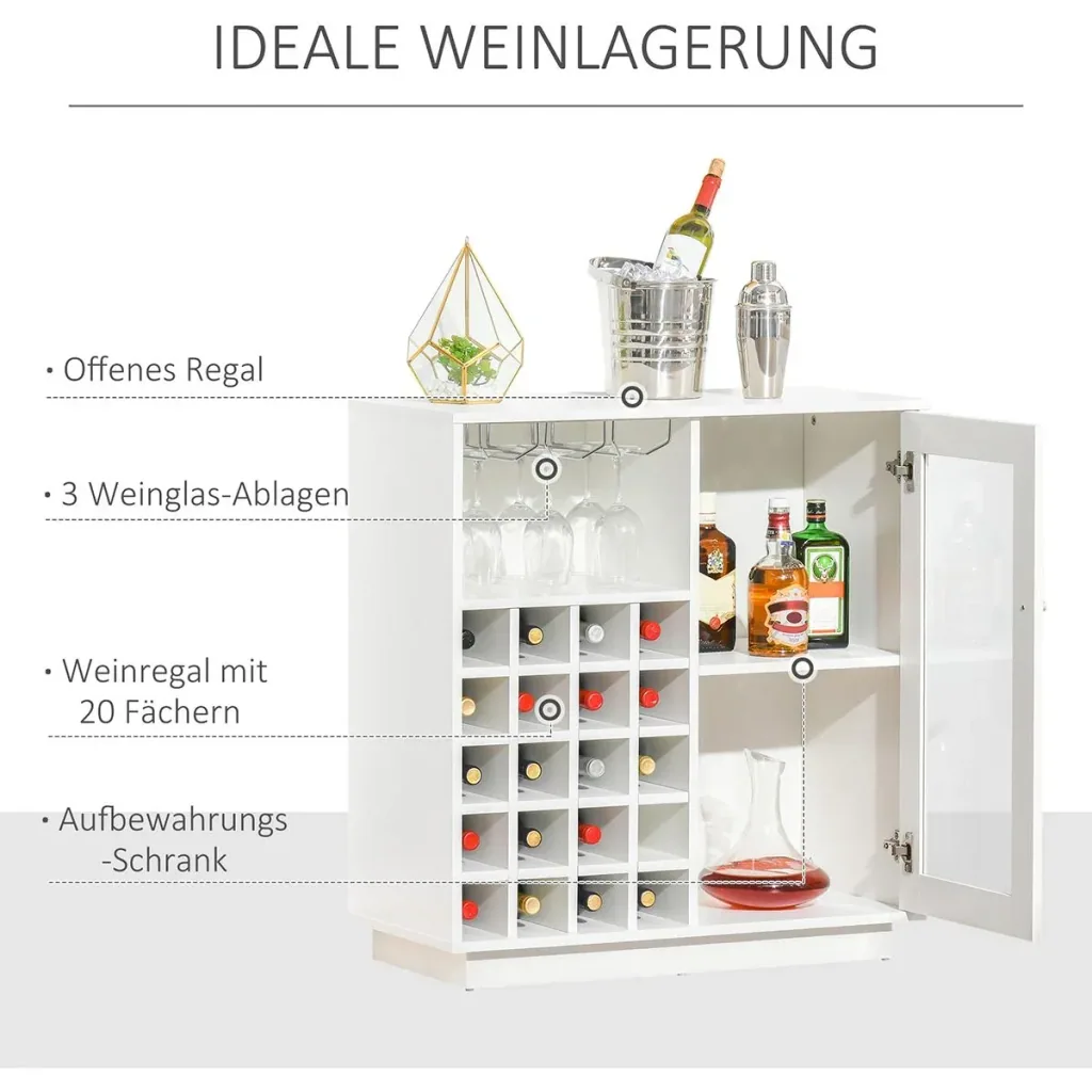Wine cabinet with glass display case and wine glass holder white