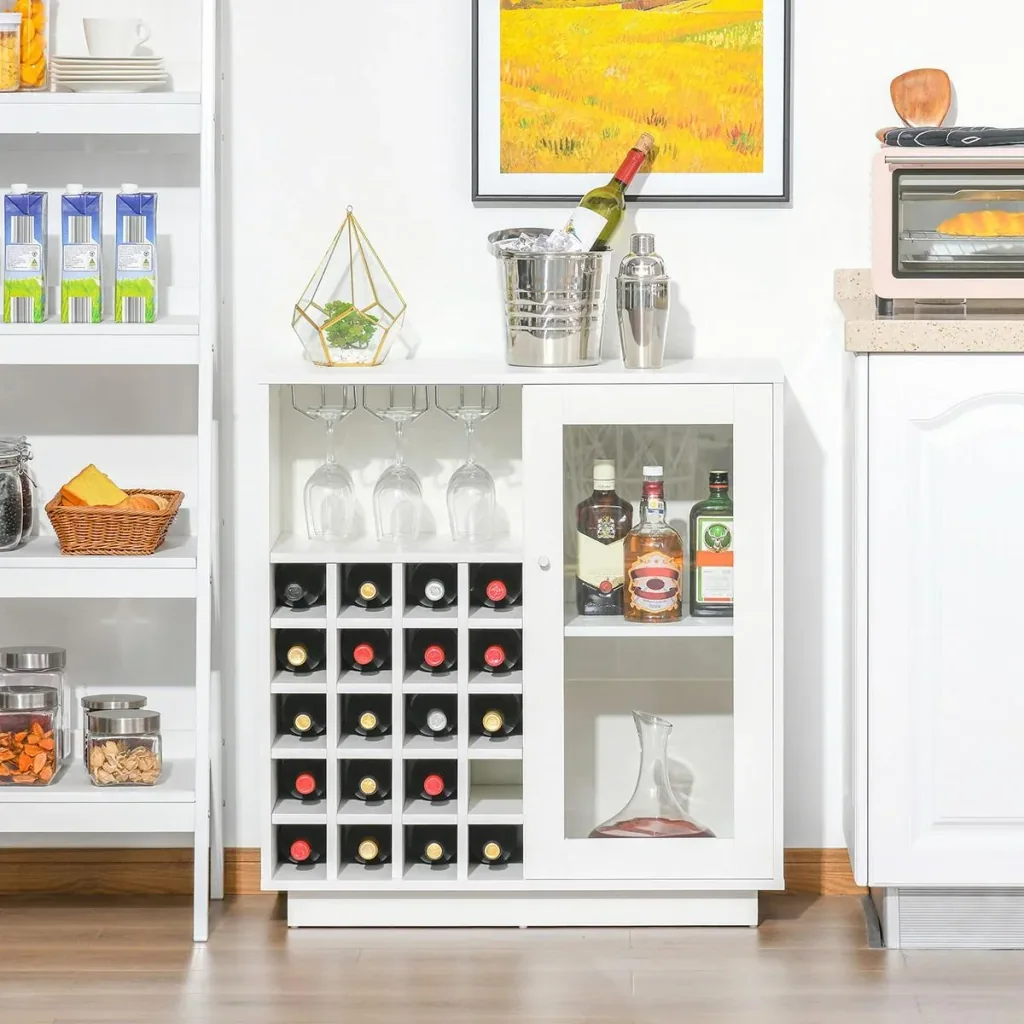 Wine cabinet with glass display case and wine glass holder white