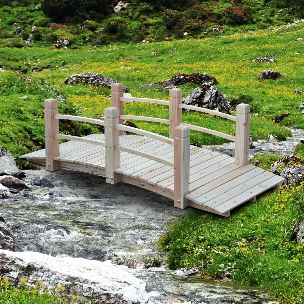 Garden bridge, wooden bridge, pond bridge, decorative bridge with railing up to 180 kg, natural fir wood, 152.5 x 67 x 48 cm