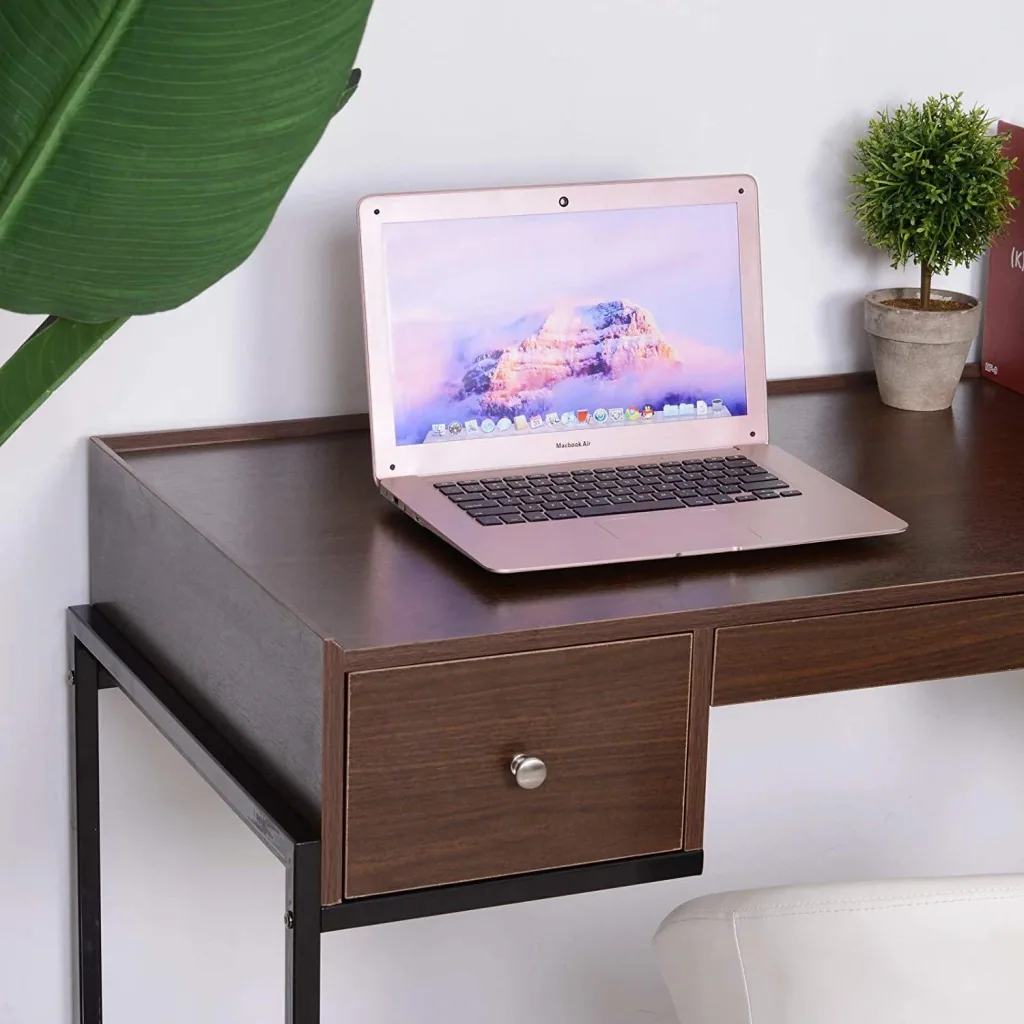Desk computer table office table 3 x drawer adjustable wood + metal walnut + black 114 x 55 x 77 cm