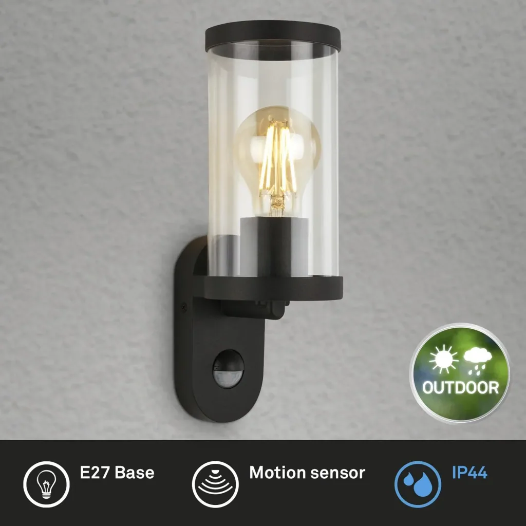 Outdoor light with motion detector, metal-plastic / black, IP44, E27 socket