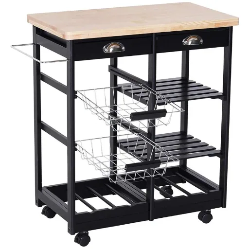 Kitchen trolley with basket, drawer, wine rack