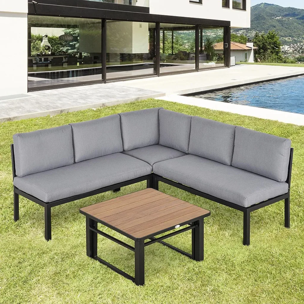 4-piece garden furniture set, garden set, seating group with liftable coffee table, sofa with cushions, outdoor aluminum, gray