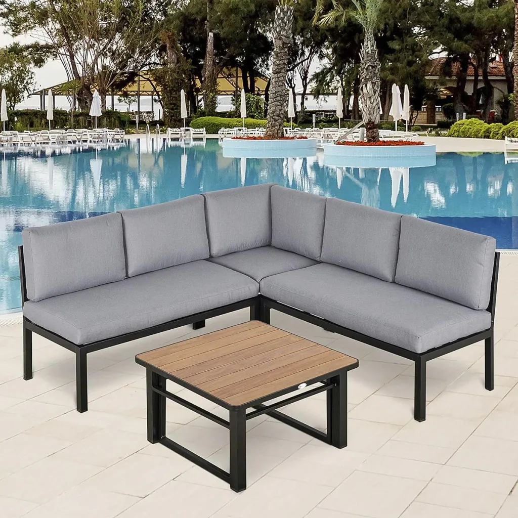 4-piece garden furniture set, garden set, seating group with liftable coffee table, sofa with cushions, outdoor aluminum, gray