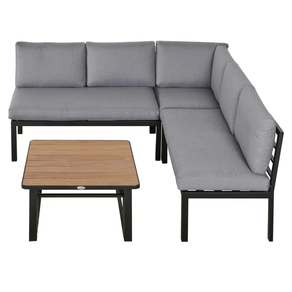 4-piece garden furniture set, garden set, seating group with liftable coffee table, sofa with cushions, outdoor aluminum, gray