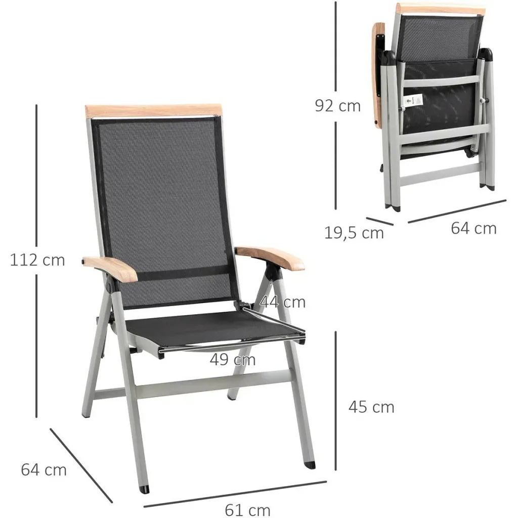 Garden chair with adjustable backrest - aluminum/mesh - black/silver - 61 x 64 x 112 cm