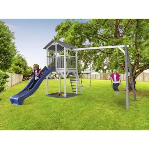 Beach Tower with play tower double swing - blue slide