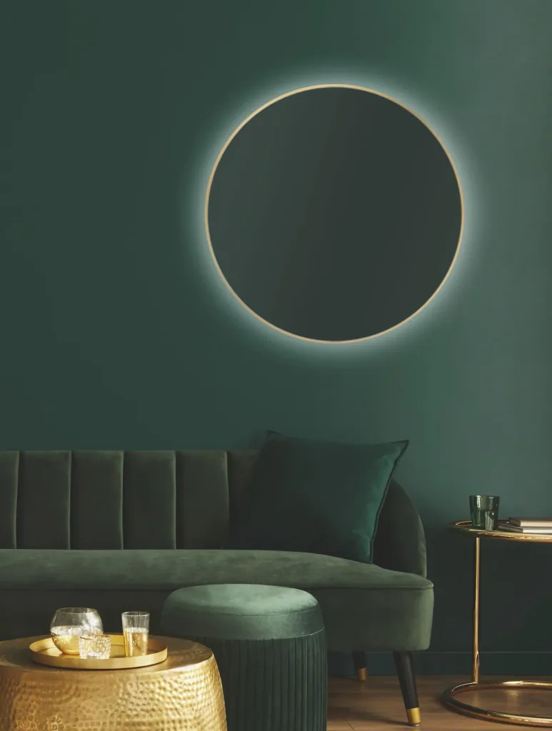 Decorative round wall mirror with indirect LED lighting in matt gold Ø 80 cm