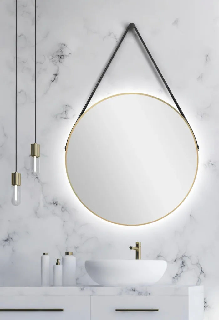 Decorative round wall mirror with indirect LED lighting in matt gold Ø 80 cm