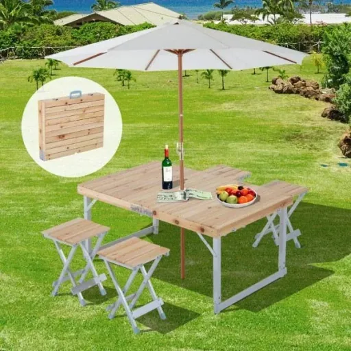 Wooden 5-piece camping table set picnic suitcase table aluminum