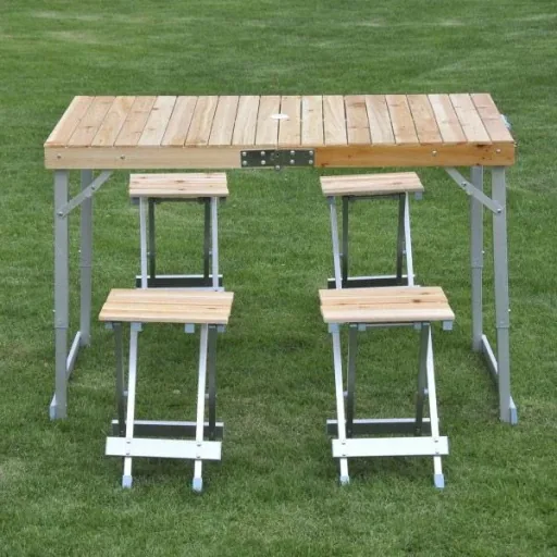 Wooden 5-piece camping table set picnic suitcase table aluminum
