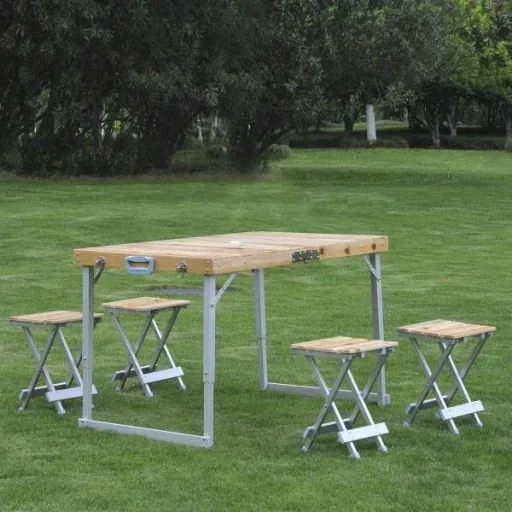 Wooden 5-piece camping table set picnic suitcase table aluminum