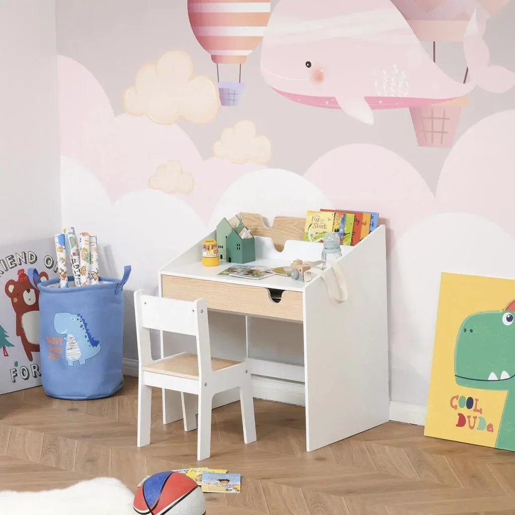 2-piece children's seating group with children's table and chair for 6-10 years old children's furniture MDF white+natural 70 x 50 x 75 cm