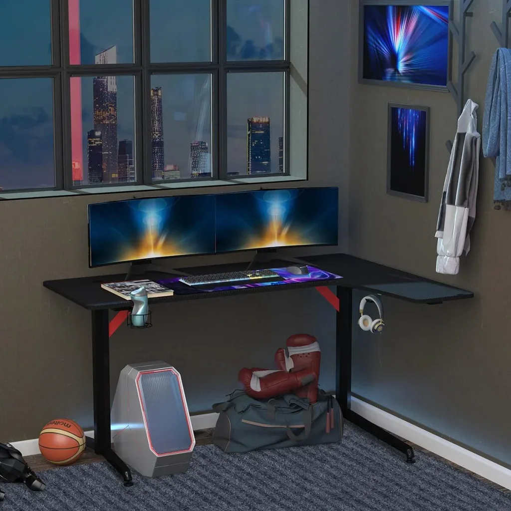 Gaming table PC table desk with headphone hook cup holder computer table metal MDF black + red 157 x 111.8