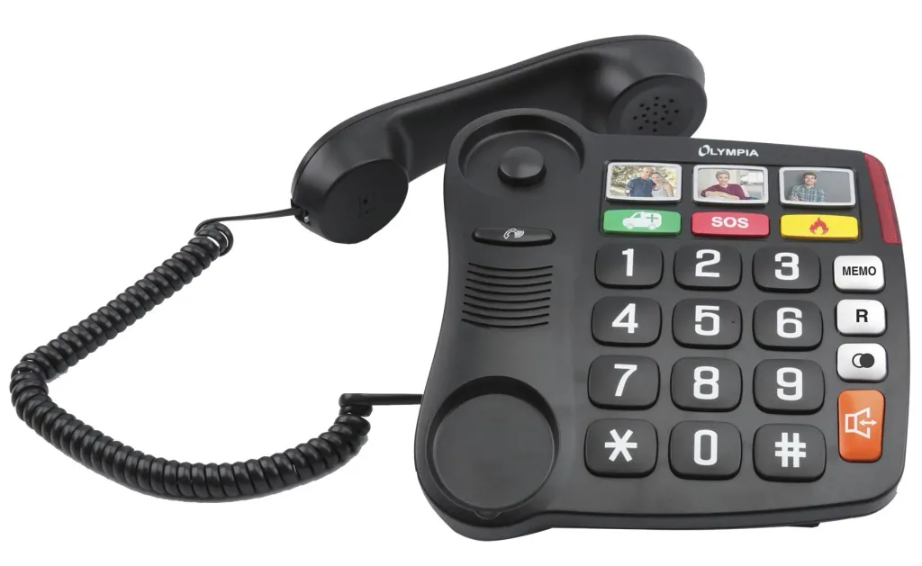 Large button telephone with extra large buttons and 3 emergency buttons.