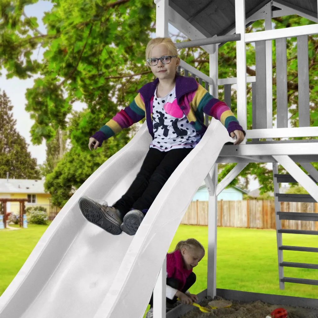 Beach Tower play tower with climbing frame and Roxy nest swing - white slide