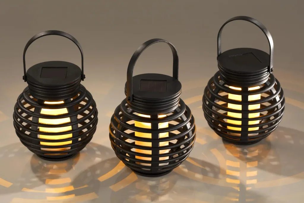 Solar rattan lanterns with flickering light, set of 3