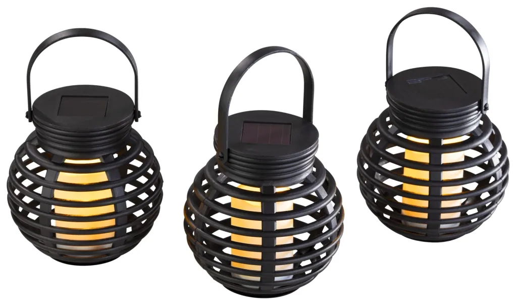 Solar rattan lanterns with flickering light, set of 3