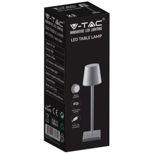 VT-7703 Table Lamp - 3000K - Dimmable via Touch - Rechargeable - Grey