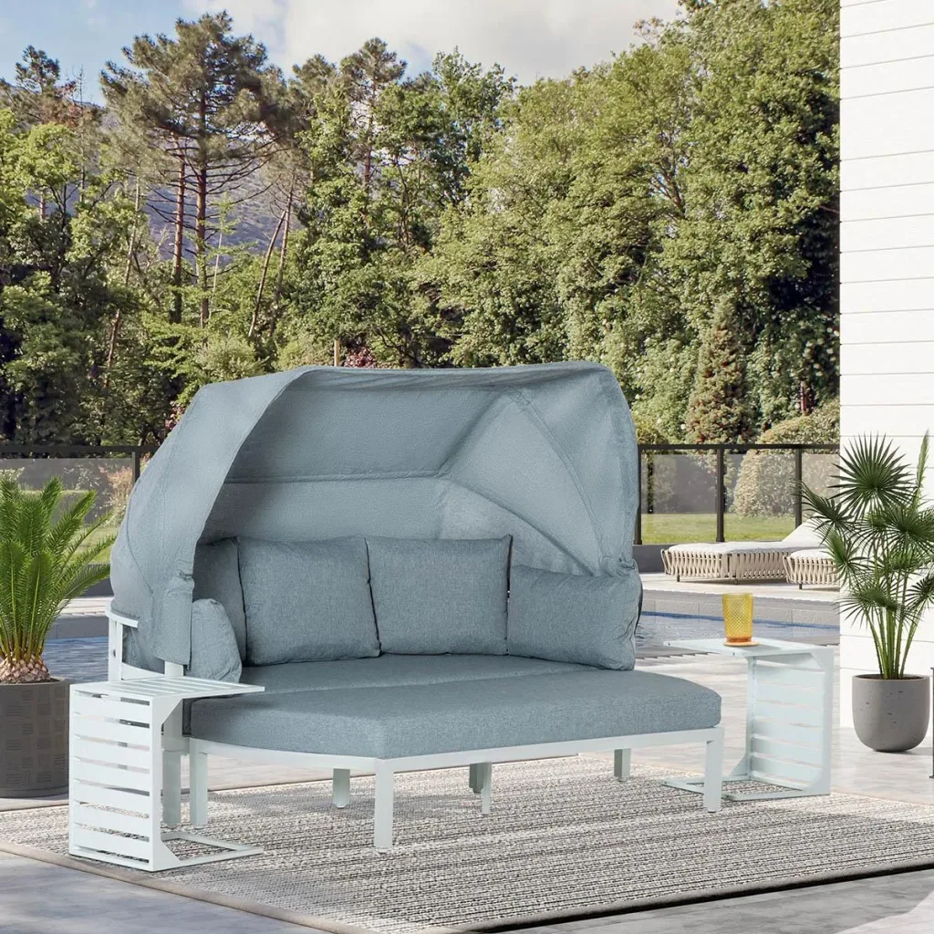 4-piece garden furniture set including sofa with roof, side table, and bench, aluminum gray/white