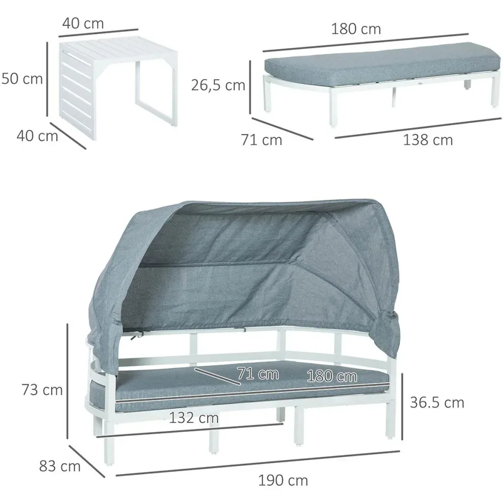 4-piece garden furniture set including sofa with roof, side table, and bench, aluminum gray/white