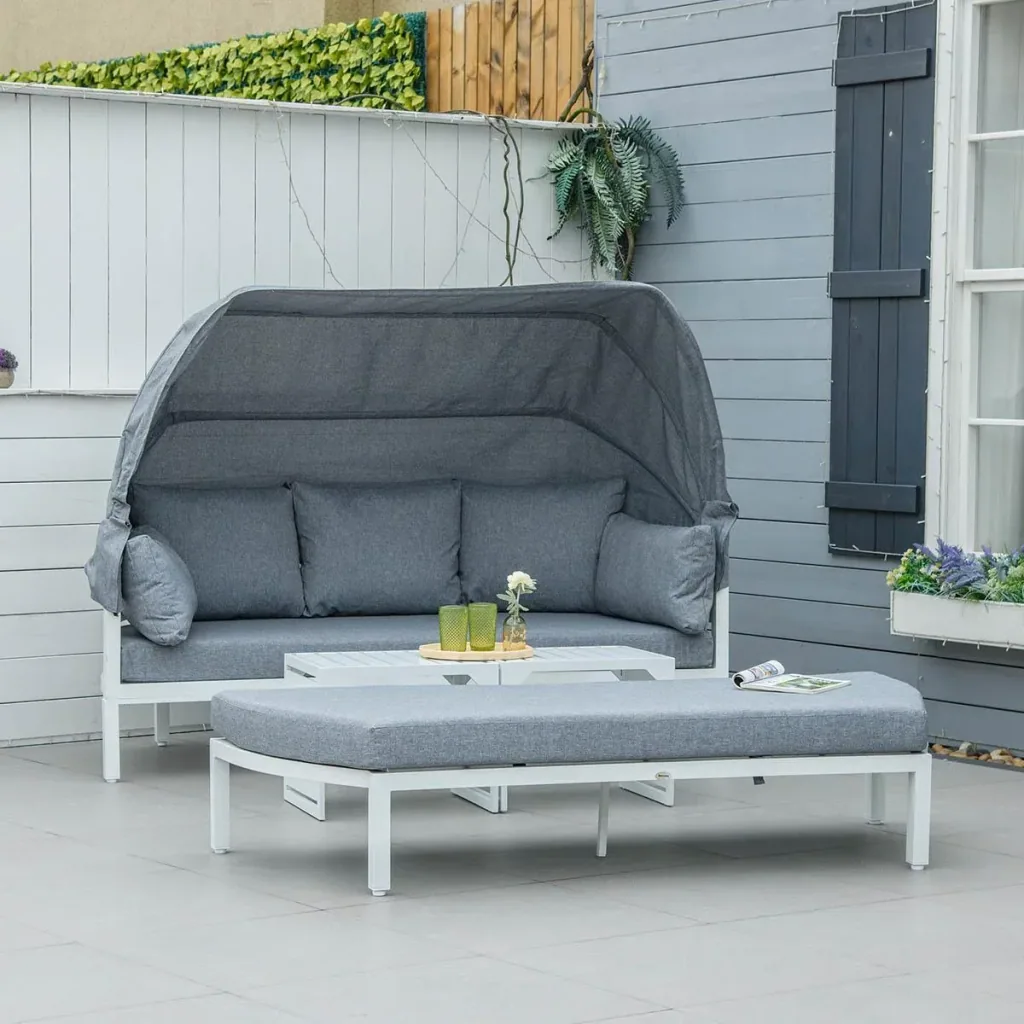 4-piece garden furniture set including sofa with roof, side table, and bench, aluminum gray/white
