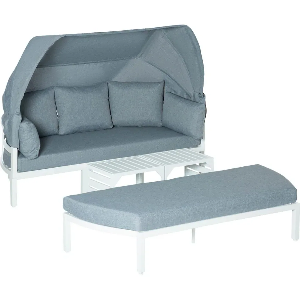 4-piece garden furniture set including sofa with roof, side table, and bench, aluminum gray/white