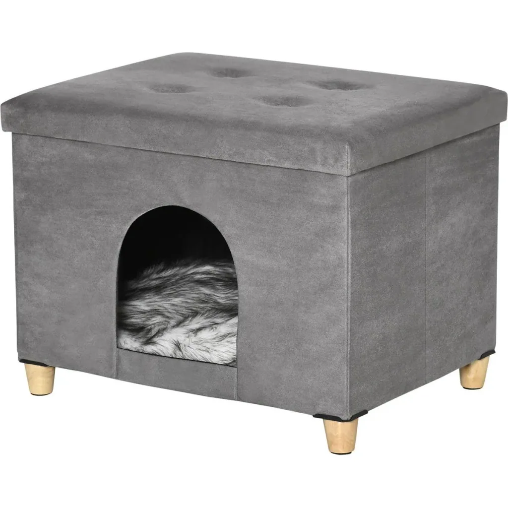 2-in-1 Cat House and Ottoman - Grey - 60 x 45 x 44.5 cm
