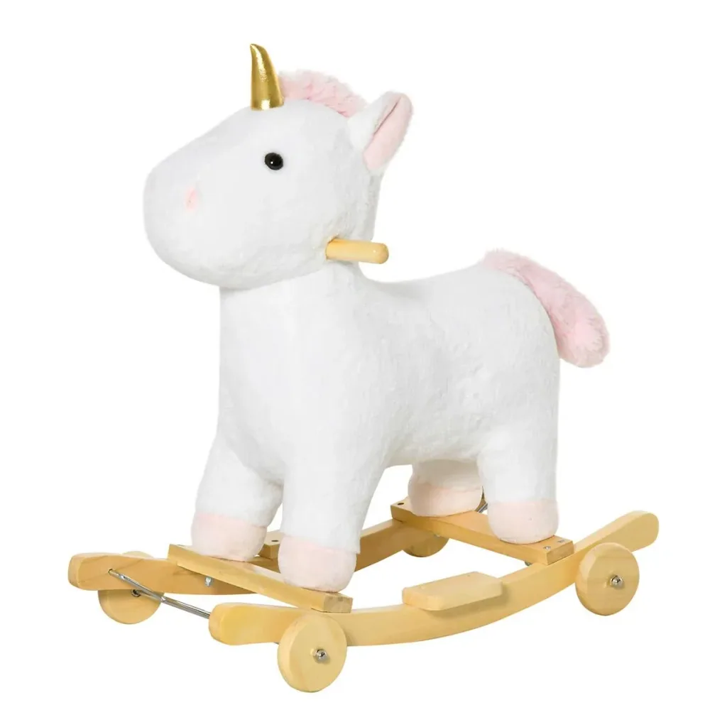 2-IN-1 Rocking Horse with Wheels Unicorn Design Plush Rocking Animal Baby Swing Toy for 36-72 Months Children White 6