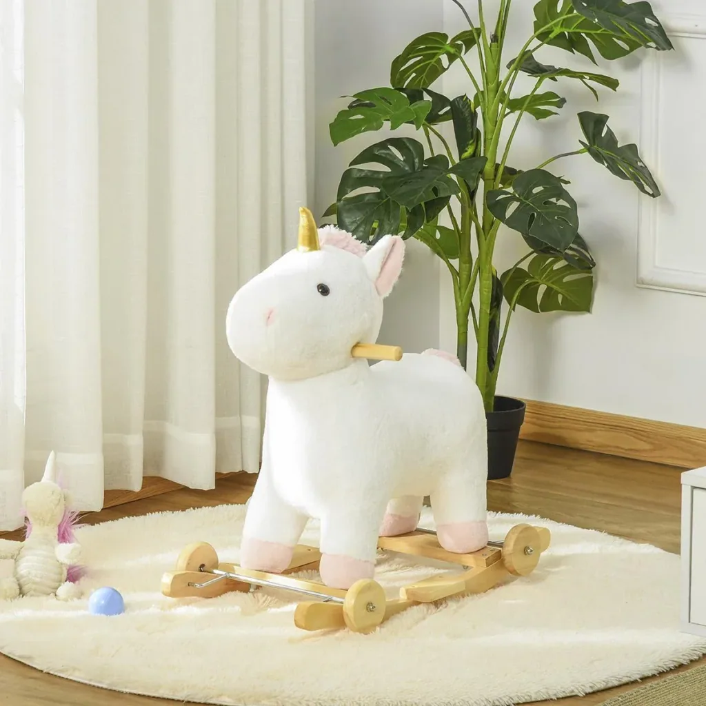 2-IN-1 Rocking Horse with Wheels Unicorn Design Plush Rocking Animal Baby Swing Toy for 36-72 Months Children White 6