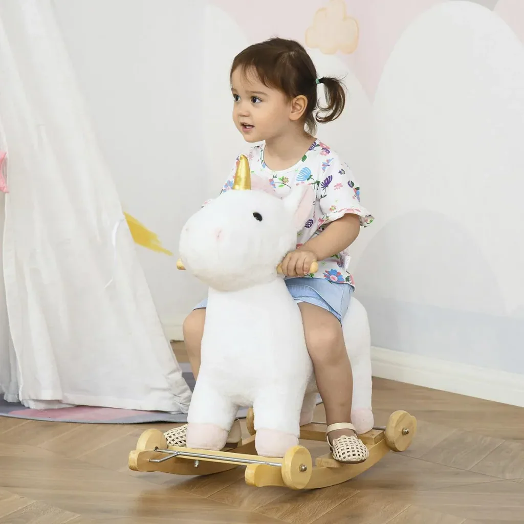 2-IN-1 Rocking Horse with Wheels Unicorn Design Plush Rocking Animal Baby Swing Toy for 36-72 Months Children White 6
