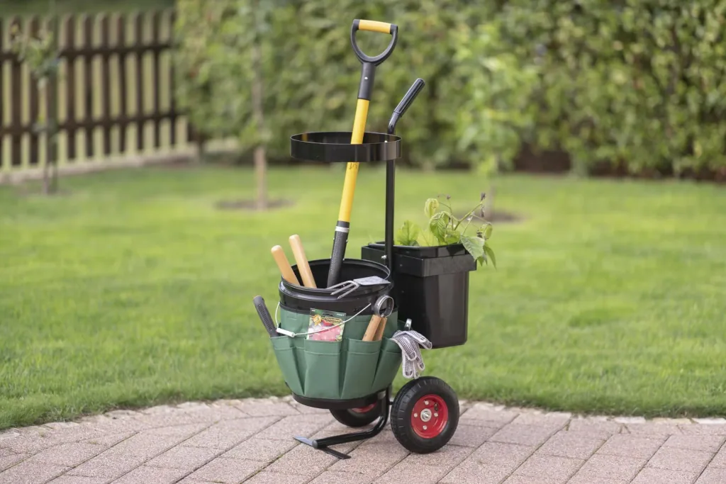 Tuinwagen Universal, 56×40×104 cm, Zwart/Groen – met twee containers en gereedschapstas