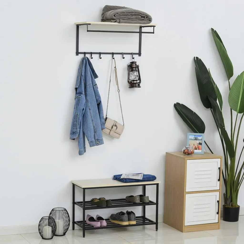 2-in-1 wardrobe set hallway wardrobe with bench wall wardrobe for entrance area, 6 hooks, natural + black, 75 x 30 x 45 cm