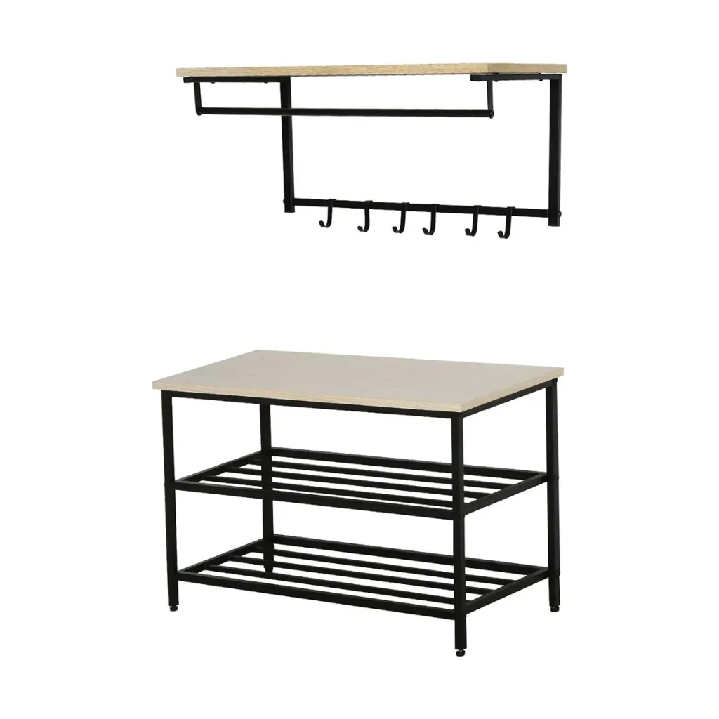 2-in-1 wardrobe set hallway wardrobe with bench wall wardrobe for entrance area, 6 hooks, natural + black, 75 x 30 x 45 cm