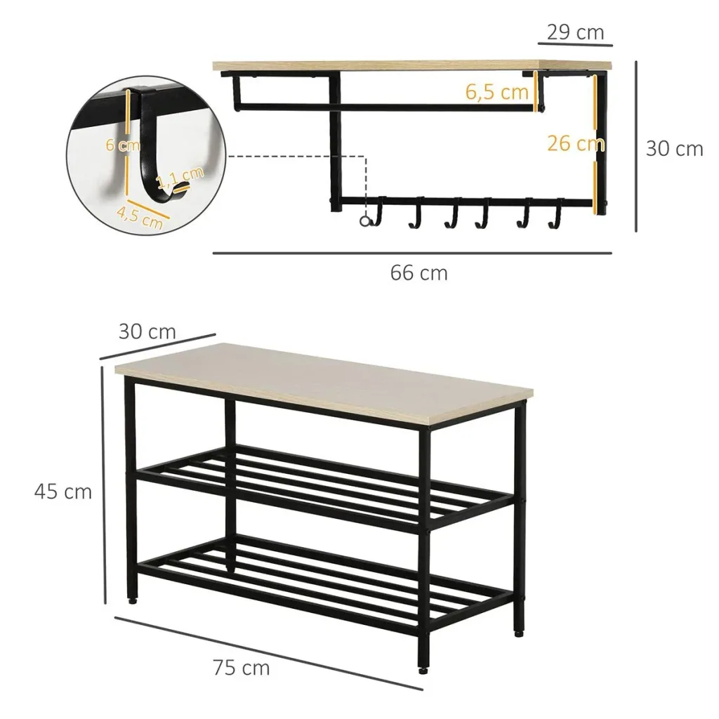 2-in-1 wardrobe set hallway wardrobe with bench wall wardrobe for entrance area, 6 hooks, natural + black, 75 x 30 x 45 cm