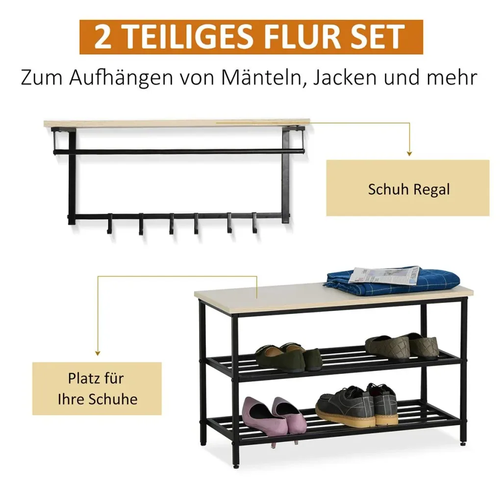 2-in-1 wardrobe set hallway wardrobe with bench wall wardrobe for entrance area, 6 hooks, natural + black, 75 x 30 x 45 cm