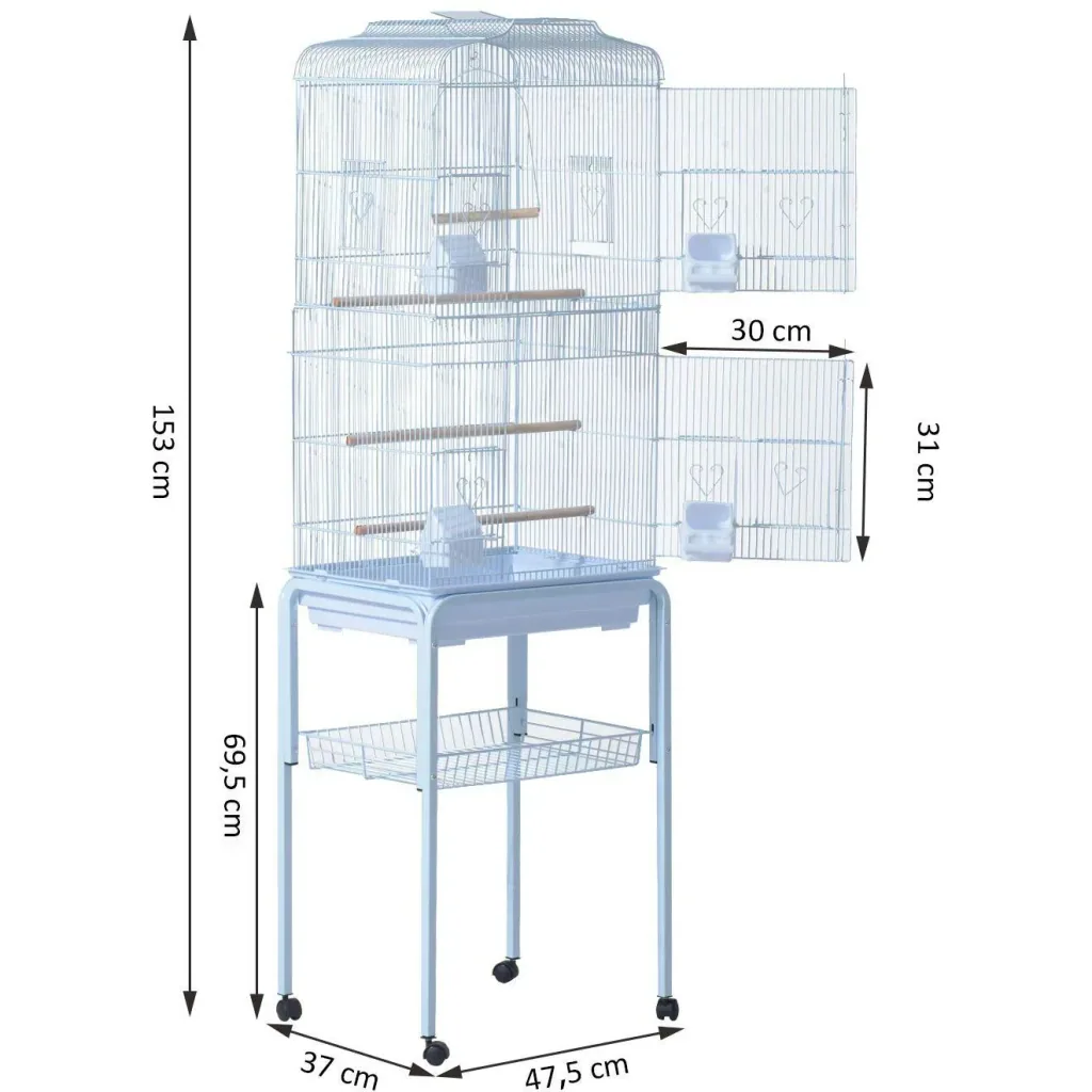 Birdhouse bird cage bird aviary for parrot budgie bird builder with rolling stand white 47.5 x 37 x 153 cm