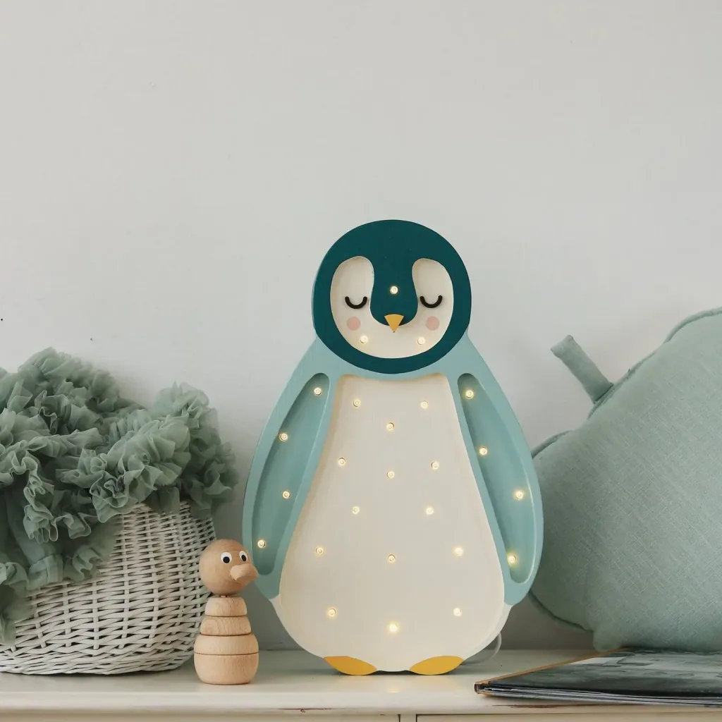 Little Lights kinder nachtlampje Pinguïn, 100% natuurlijk grenen, kleur: turkooisgroen
