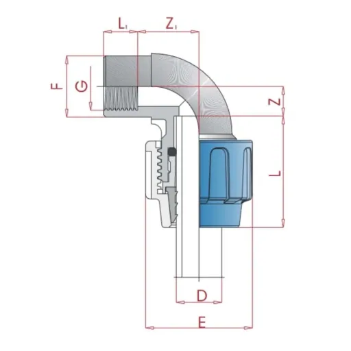 PP PE buisverbinding 90° bocht 25 x 3/4" binnendraad