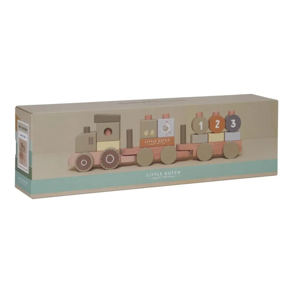 Little Dutch Houten treinbaan, speelgoedtrein met stapelvormen Little Farm, 44x12,5x7,8 cm
